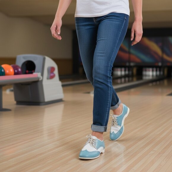 Brunswick Shoes - Vintage Brunswick Bowling Shoes Blue White Leather Ladies Saddle Oxford Shoes, 6
